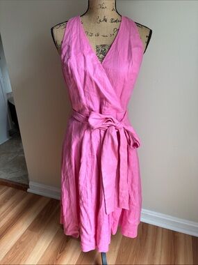 Lauren Ralph Lauren Linen Faux Wrap Tie Waist Midi Dress Pink Vintage Deadstock